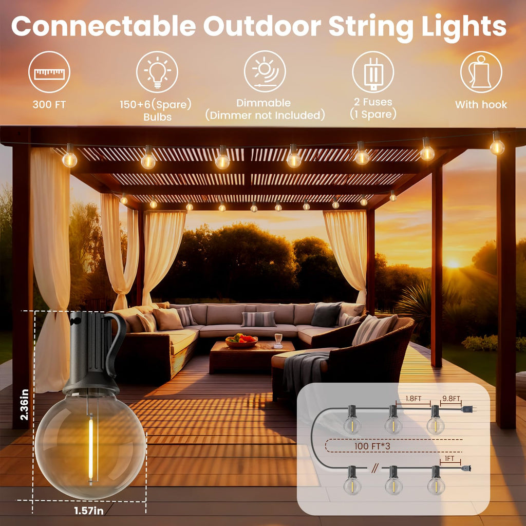 300 FT Outdoor String Lights, Waterproof Outside Patio Light 156 Bulbs