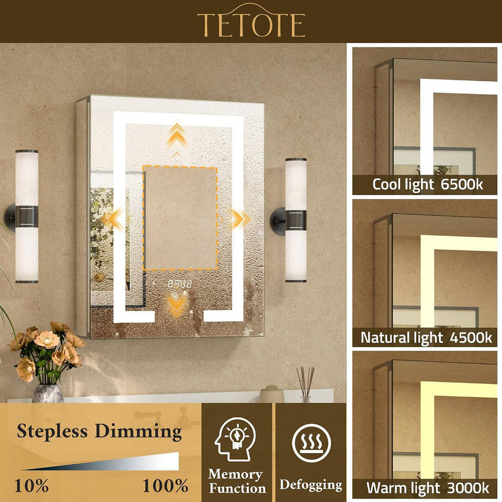LED Lighted Medicine Cabinet Mirror with Tempered Glass 16 x 24 Recessed or Surface Mount Bathroom Cabinet with