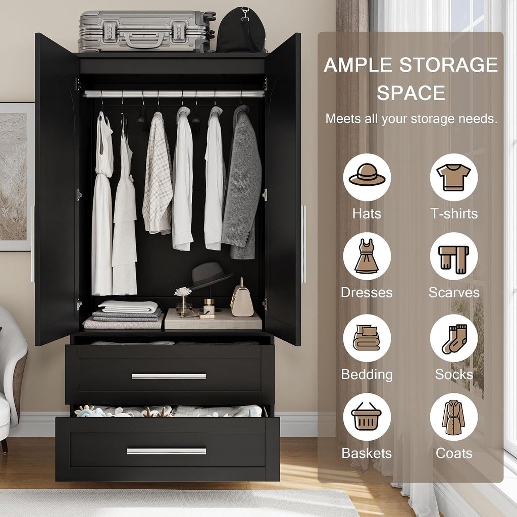 Wooden Armoire Wardrobe Closet with 2 Doors and 2 Drawers,Freestanding Armoire Storage Cabinet with Shelves,Tall
