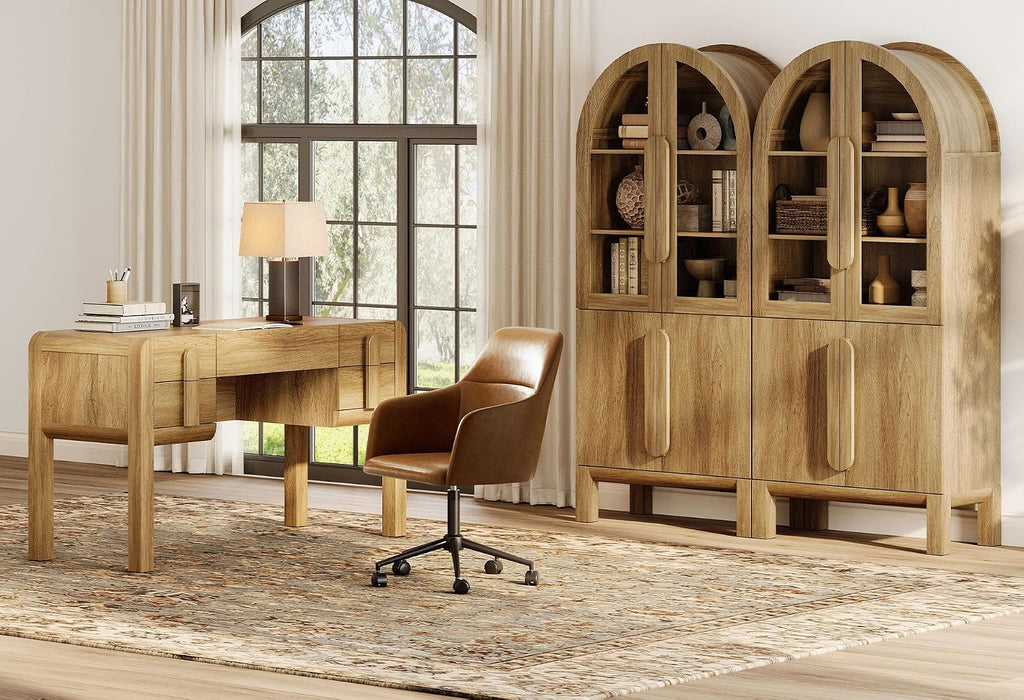 71" Tall Arched Bookshelf, 5 Tiers Bookcase with Glass Doors and Adjustable Shelves, Modern Arched Display Cabinets