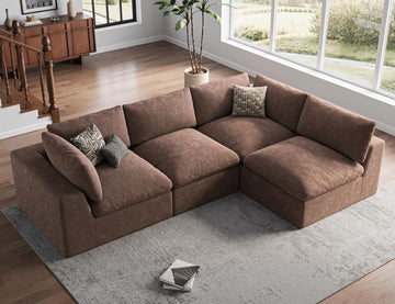 120" Cloud Sectional Couch | Oversize Boneless Couches | 4 Seater L-Shape Sofa | Brown