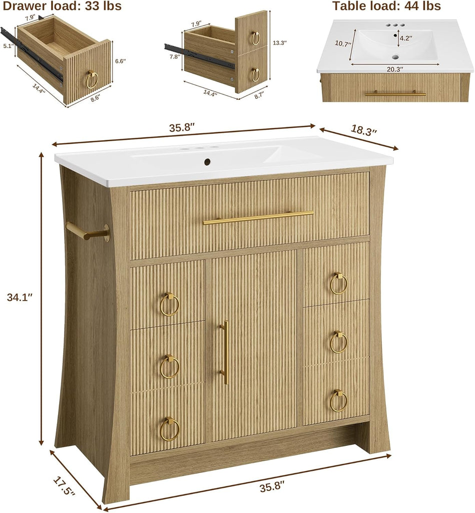 36" Freestanding Bathroom Vanity with Sink - Vanity Cabinet with 4 Drawers & Flip-Down Storage