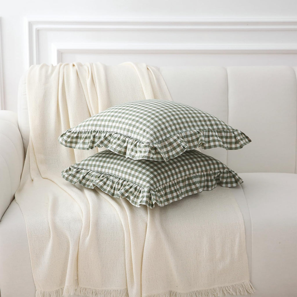 2 Pack Sage Green Gingham Ruffle Throw Pillow Covers 18''x18''