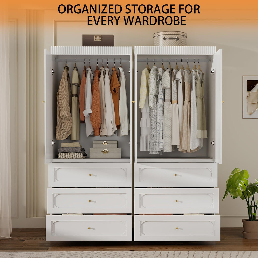 White Wooden Wardrobe Closet with 3 Drawers, 75" Tall x 32" Wide