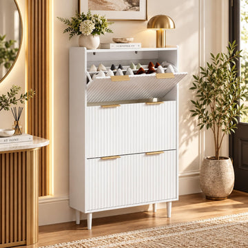 White Fluted Shoe Storage Cabinet with 3 Flip Drawers, Narrow Shoe Organizer with Fluted Panel, Modern Freestanding