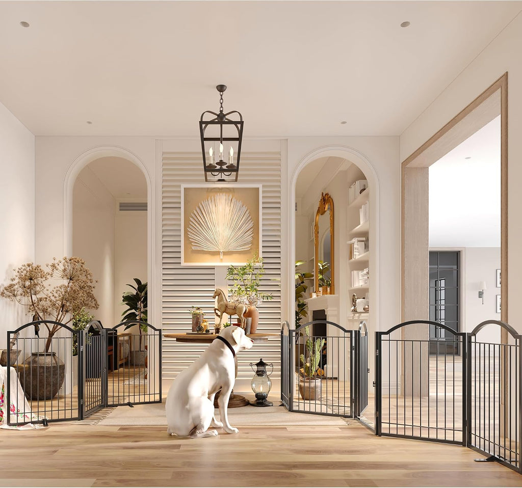 Metal No-Assembly Freestanding Dog Gate with Door Walk Through, Extra Wide 120", Extra Tall 32" Pet Gate, Accordion