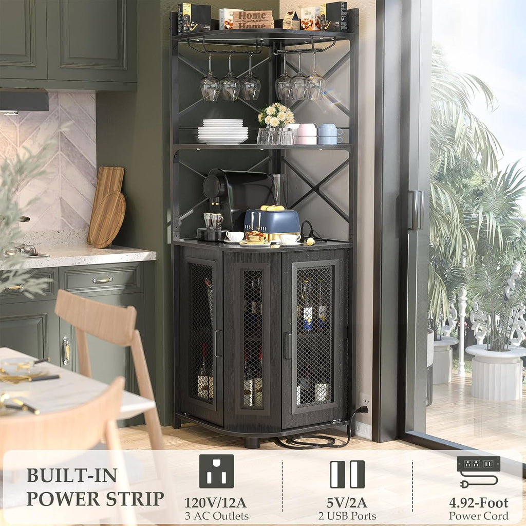Corner Bar Cabinet with Power Outlet, Industrial Liquor Cabinet | 5-Tiers Wine Cabinet Mini Bar Unit with LED Strip