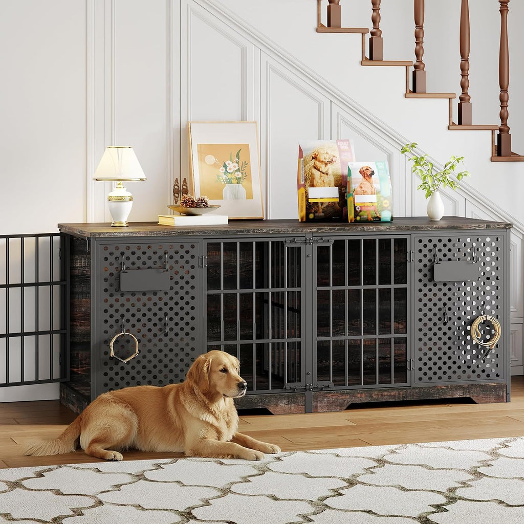 Dog Crate Furniture for 2 Large Dogs, Heavy Duty Indoor Kennel with Removable Divider & Name Tags, TV Stand Cage