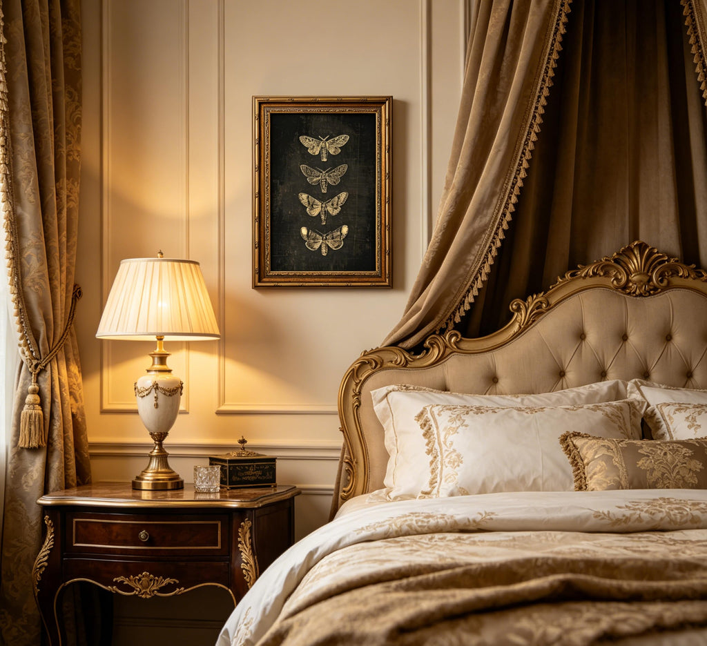 Vintage Gold Framed Moth Wall Art, Retro Dark Academia Butterfly Insect Canvas Print Poster, Gothic Decor Bedroom