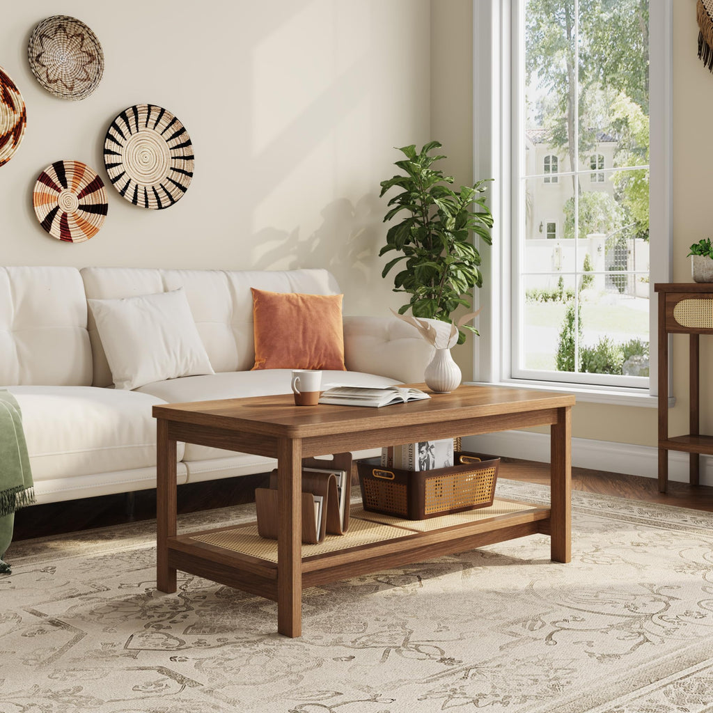 2-Tier Coffee Table with Rattan Storage Shelf, Walnut Brown
