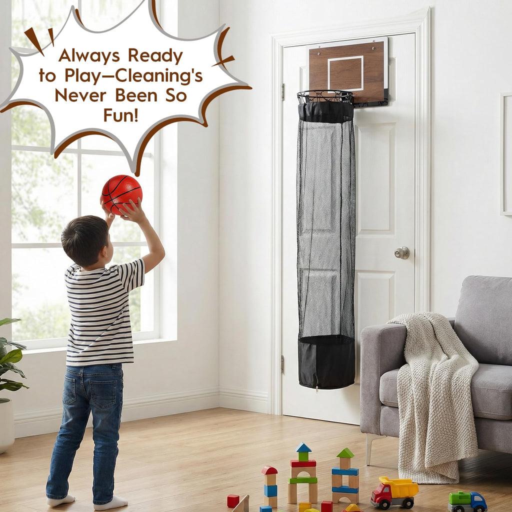 Over the Door Basketball Hamper,Wooden Hanging Basketball Hoop Laundry Basket with Zipper,3 Balls and Pump for Kids