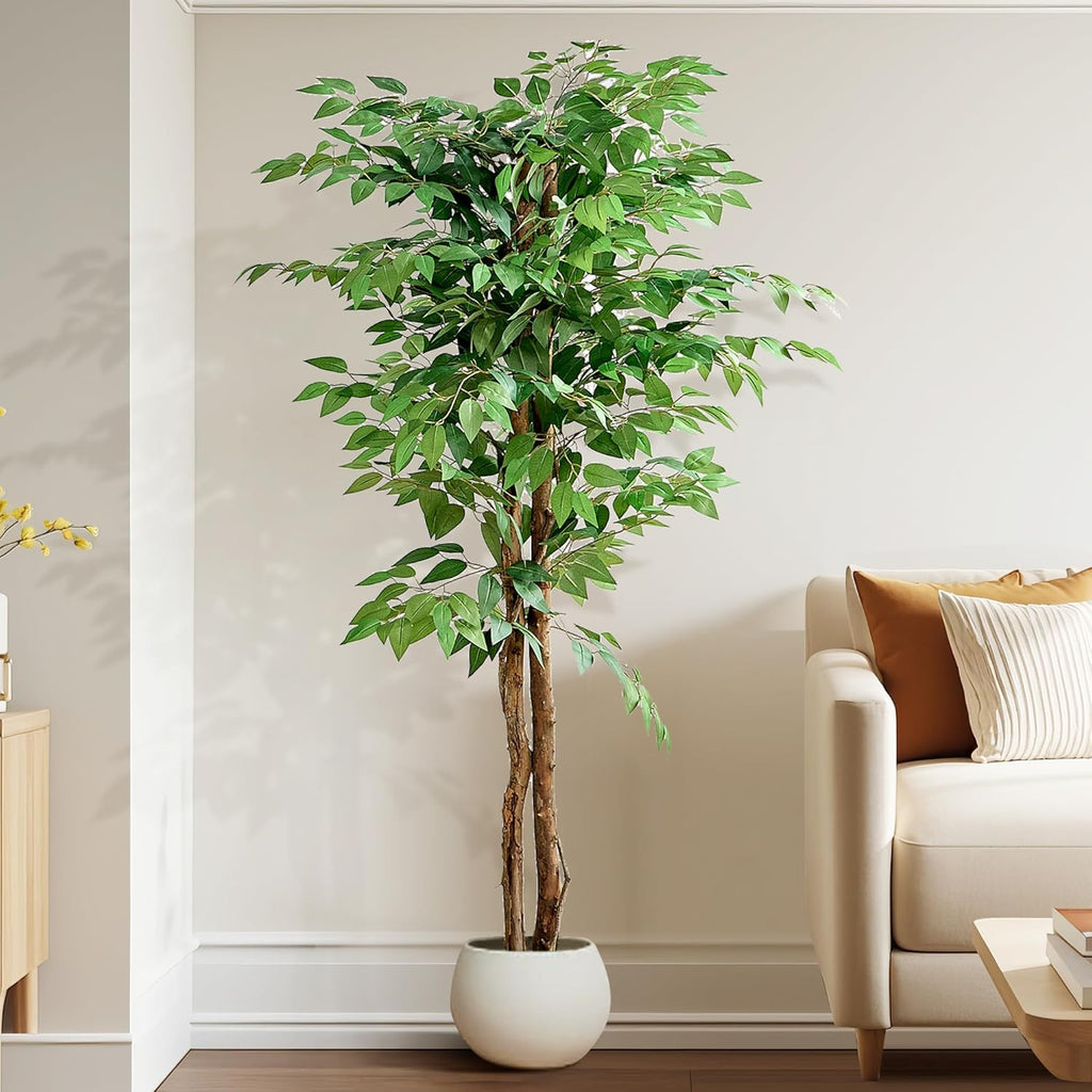 Ficus Tree Artificial 6 Feet, Tall Faux Tree in Pot, Fake Floor Plant with Realistic Tree Branch & Silk Leaves Indoor