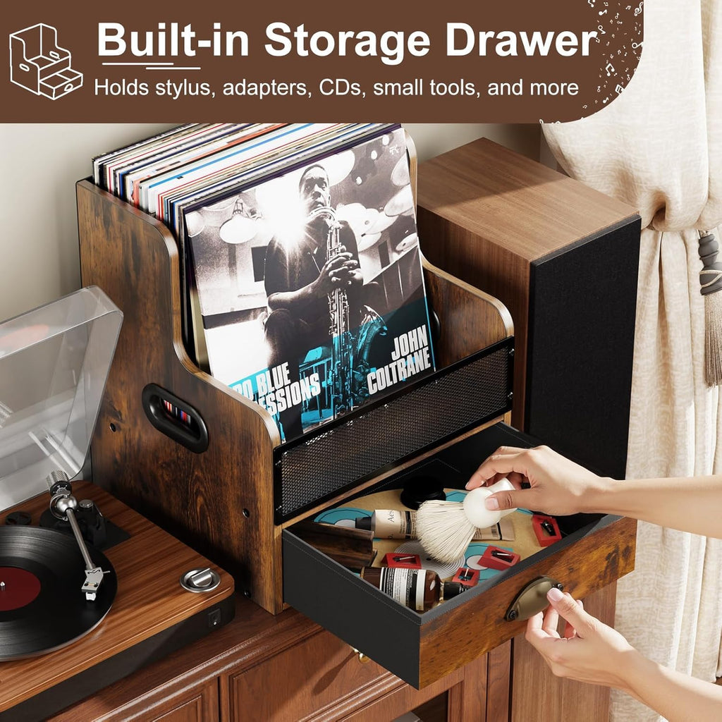 Vinyl Record Storage Crate, Wooden LP Holder with Drawer