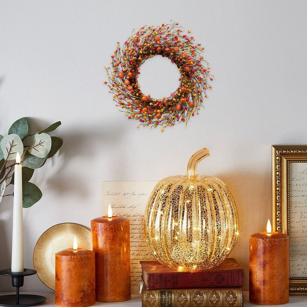Fall Berry Wreath, 20" Autumn Orange Front Door Wreath Harvest Wreath with Pumpkins, Acorns Artificial Wreath for