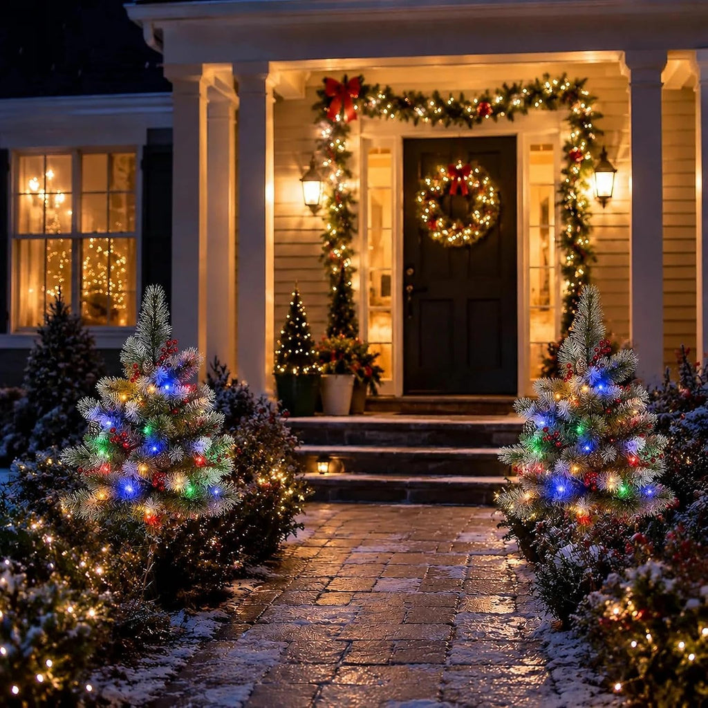 Set of 2 25.6 Inch Pre-lit Outdoor Christmas Tree with LED Lights, 8 Modes & Timer, Battery Operated Christmas Tree