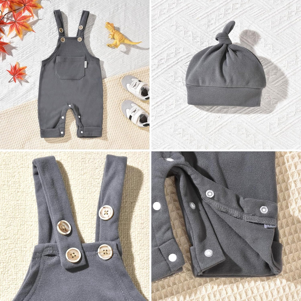 Baby Boy Outfits Long Sleeve Romper Suspenders Overall Pants Set Fall Winter Clothes With Hat