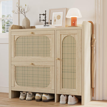 Rattan Shoe Cabinet w/ 2 Flip Drawers&Side Storage, Narrow Hidden Shoe Rack