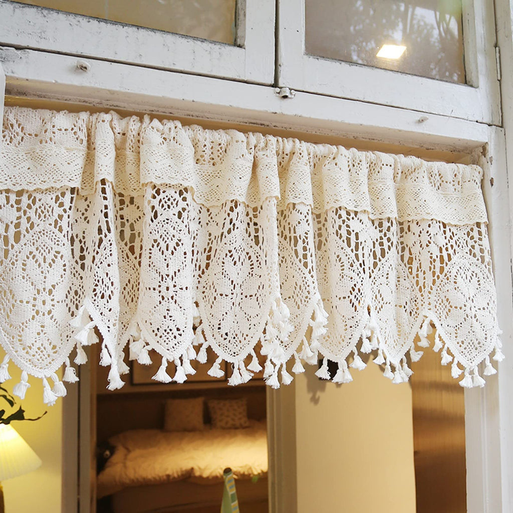 Short Curtain for Small Window Sheer Transparent Beige Cotton Hollow Crochet Lace Chic Bohemian Valance Panel Drapes