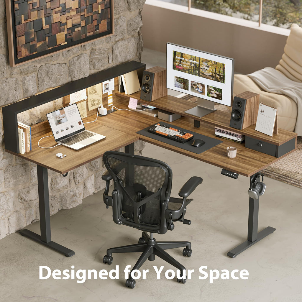 63 Inch L Shaped Electric Standing Desk with Led, Dark Walnut