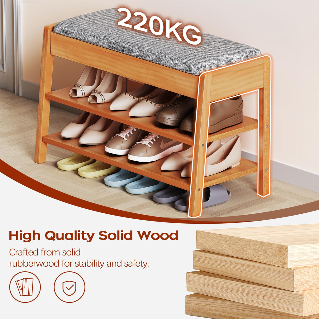 Shoe Rack Bench with Storage, 2-Tier Solid Wood Entryway Bench with Cotton-Linen Cushion, Multipurpose Storage