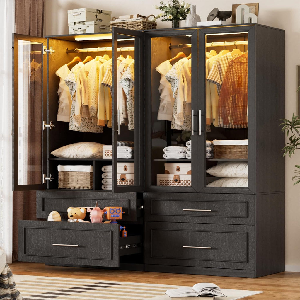 Armoire Wardrobe Closet with Glass Door and Drawers, Bedroom Closet Wardrobe Cabinet with Hanging Rod, Lighted