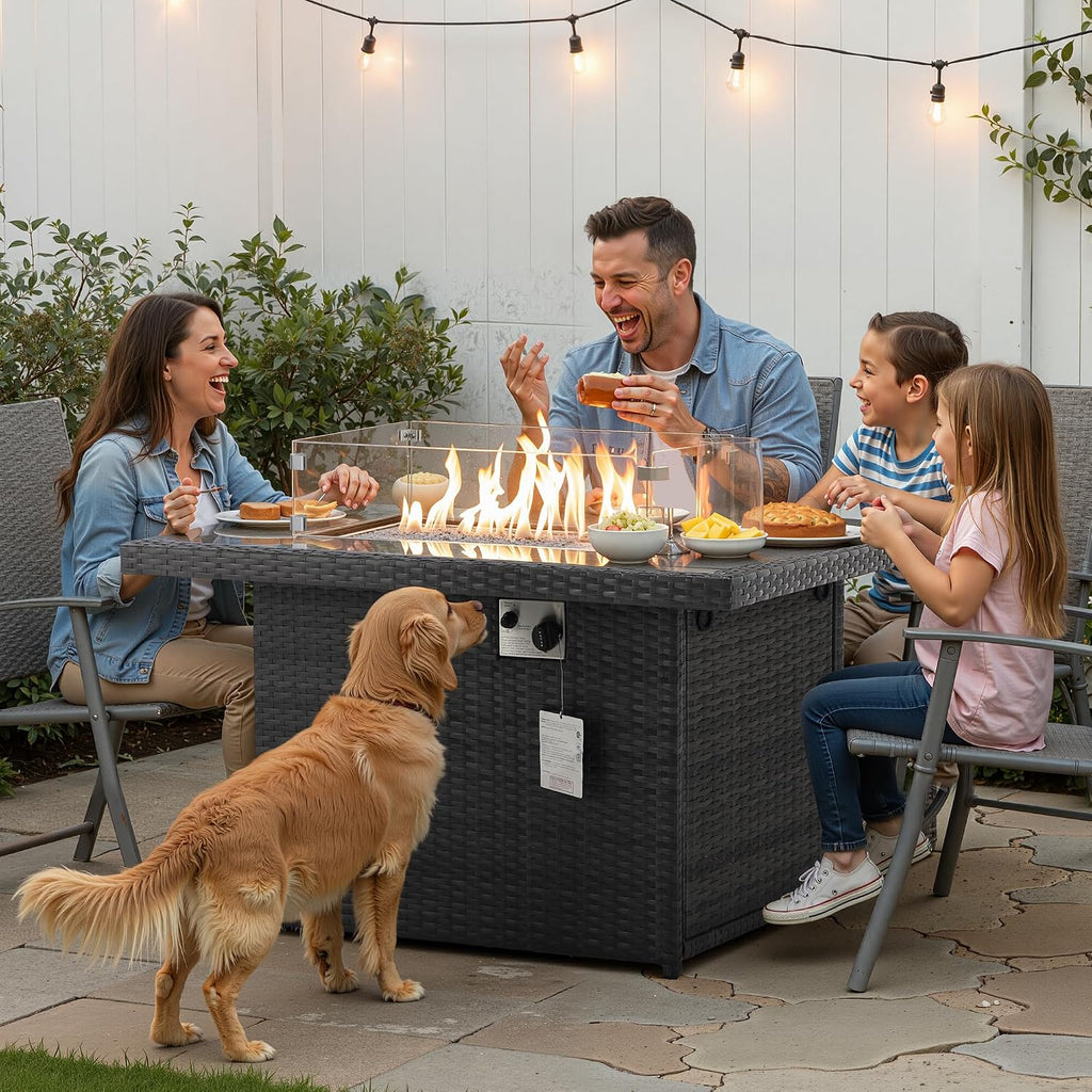 Wicker Propane Fire Pit Table, 60000 BTU Large Natural Gas Firepit Tables, 43'' Rectangle CSA Fireplaces for Deck