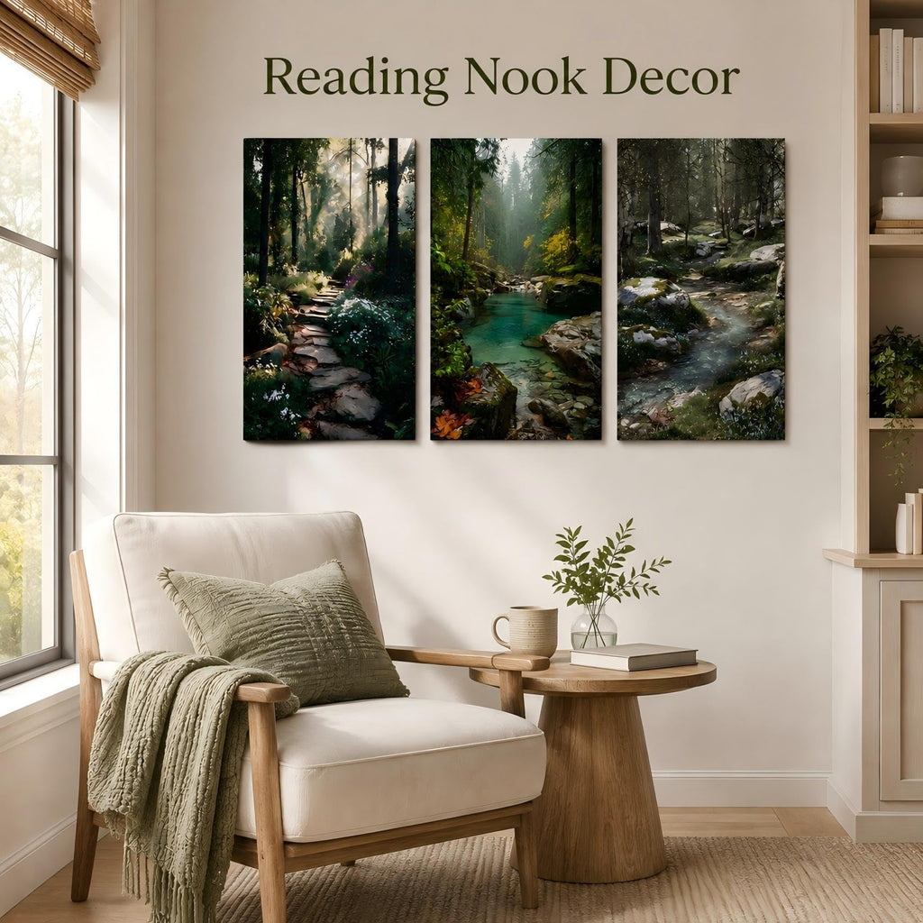 Natural Landscape Framed 3‐Panel Canvas Wall Art, Serene Woodland Path With Turquoise Creek And Wild Plants Canvas