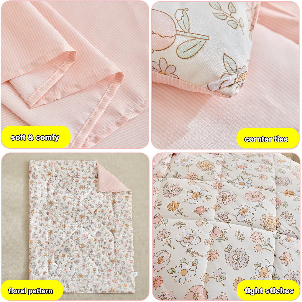 Floral 4 Piece Girls Toddler Bed Comforter Set Pink Flower Reversible Toddler Bedding Set Soft Baby Crib Bed Sheets
