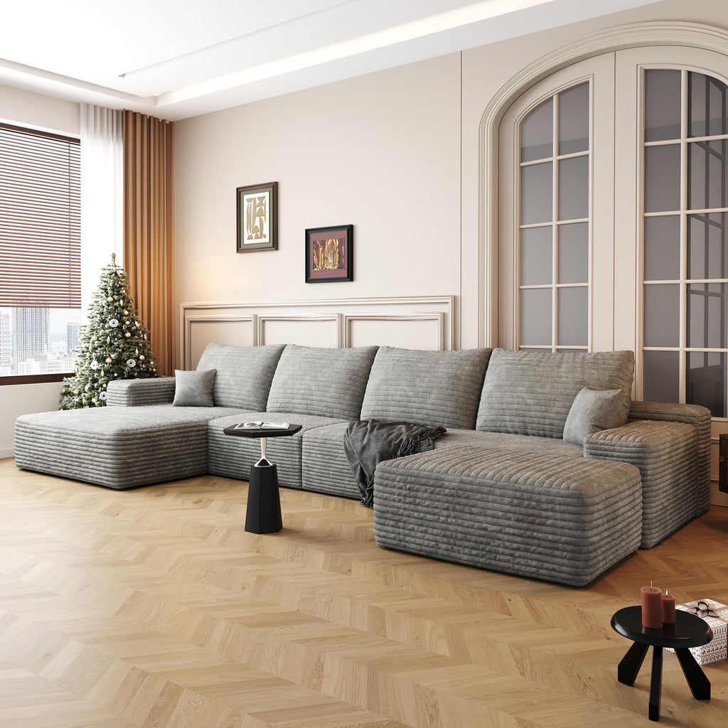 135" U Shaped Sectional Couch with Ottoman, Large Sectional Couches, Plush Corduroy Convertible Sleeper Sofa