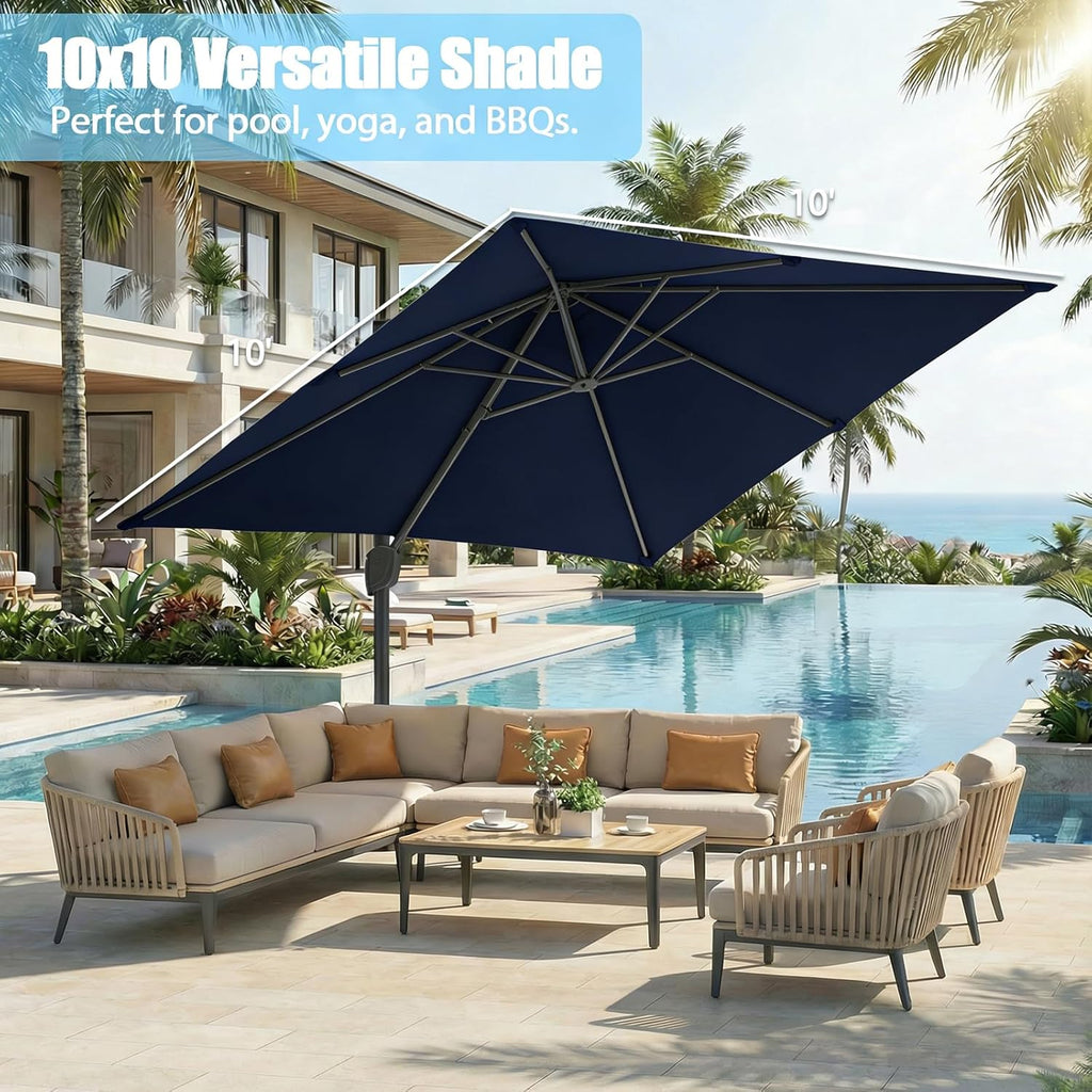 Large Cantilever Patio Umbrella, 10 ft X 10 ft Heavy Duty Aluminum Cantilever Offset Outdoor Umbrella with 360-Degree -