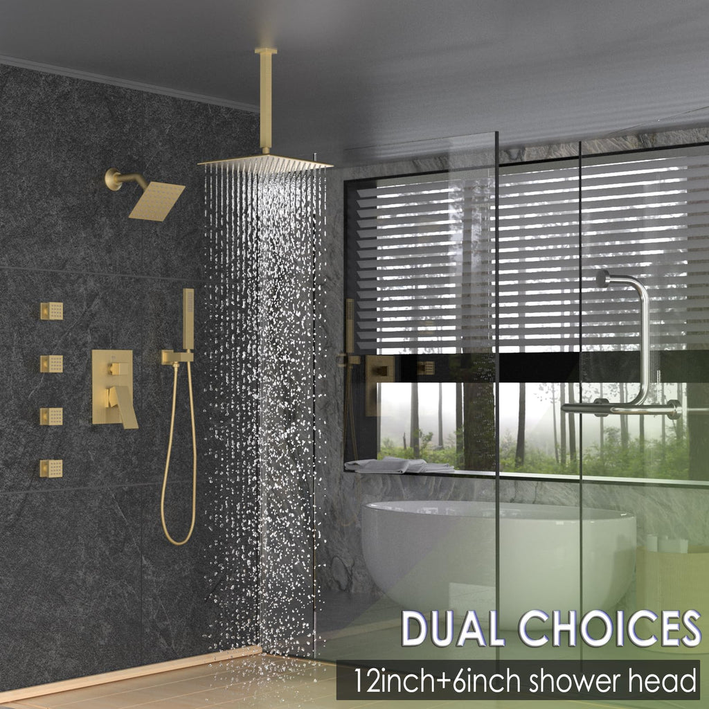 Dual Shower Head Shower System with Body Jets, 12" Ceiling Mounted Rain Shower Head & 6" Wall Mounted Head Full Body