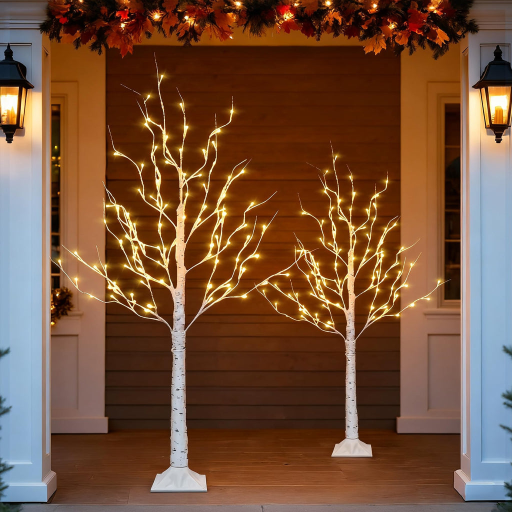 2 Pack Lighted Birch Tree, 4 FT Total 96 LED Pre-lit Artificial Christmas Tree with Timer, Christmas Decorations