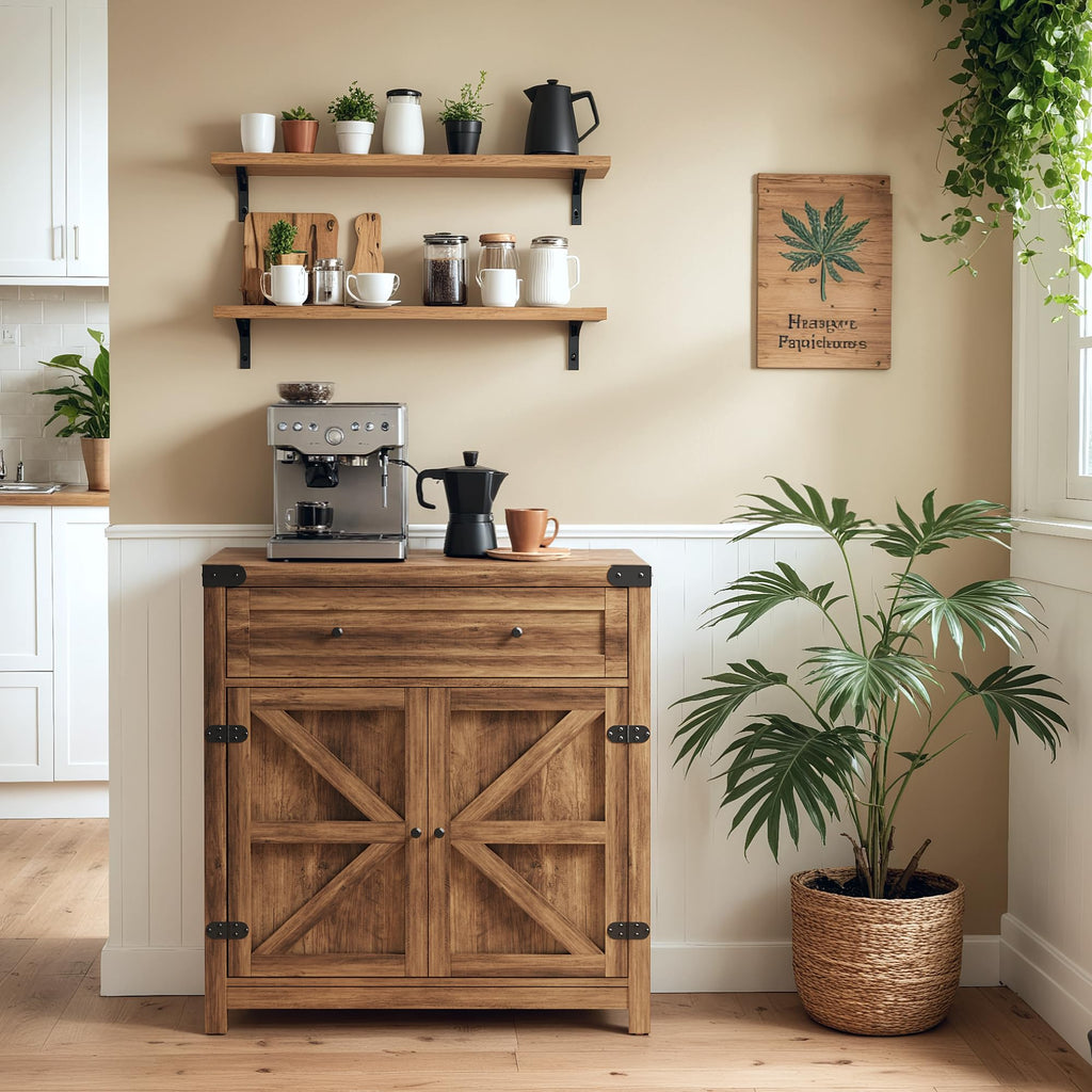 Farmhouse Coffee Bar and Accent Cabinet with Barn Doors, Brown