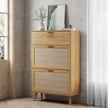 MU Natural Rattan Shoe Cabinet, Entryway Shoe Cabinet with 2 Flip Drawers and Hidden Cabinet, Boho Shoe Organizer