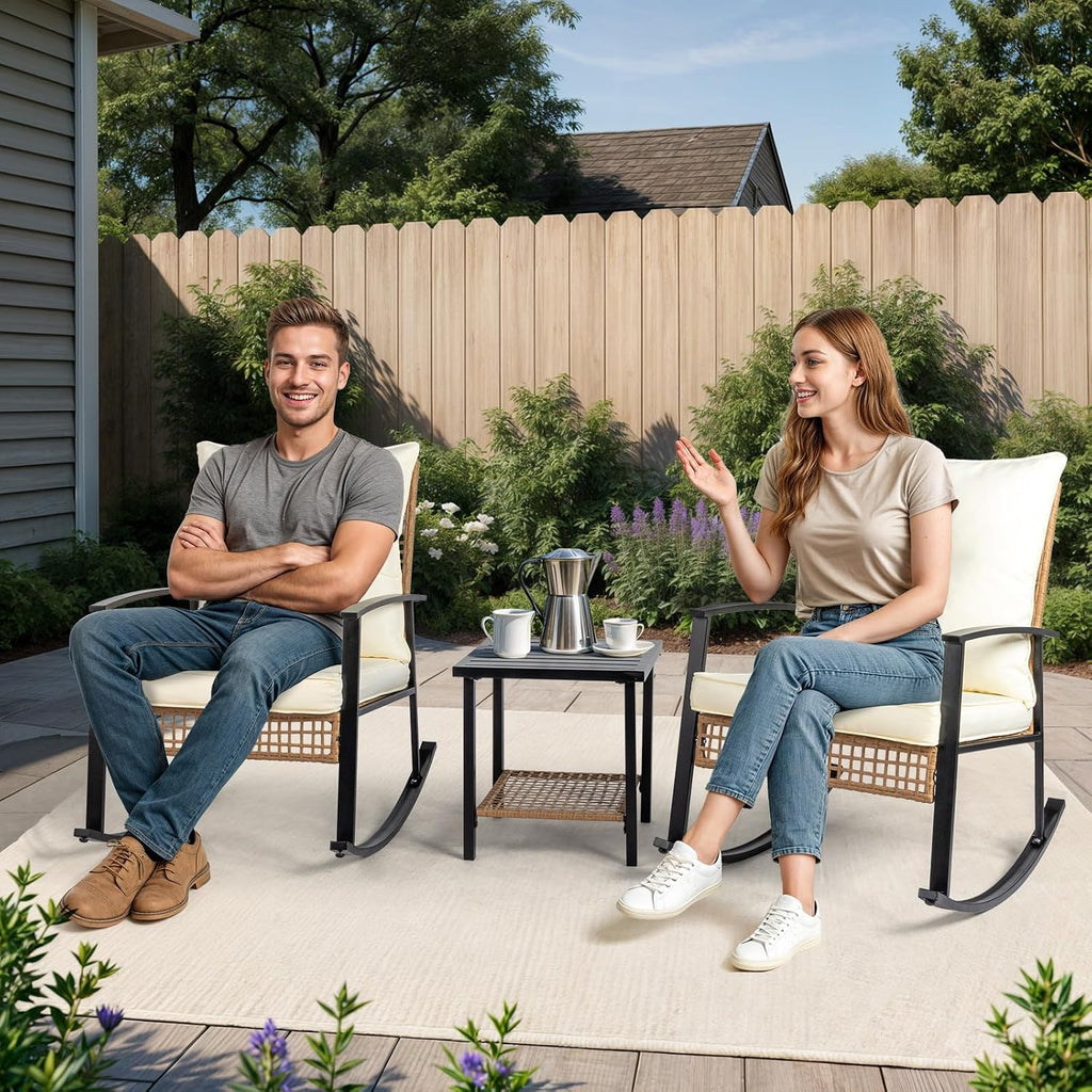 3-Piece Outdoor Rocking Bistro Set, Patio Furniture Set w/Soft Thick Cushions & 2-Tier Coffee Table, Rattan