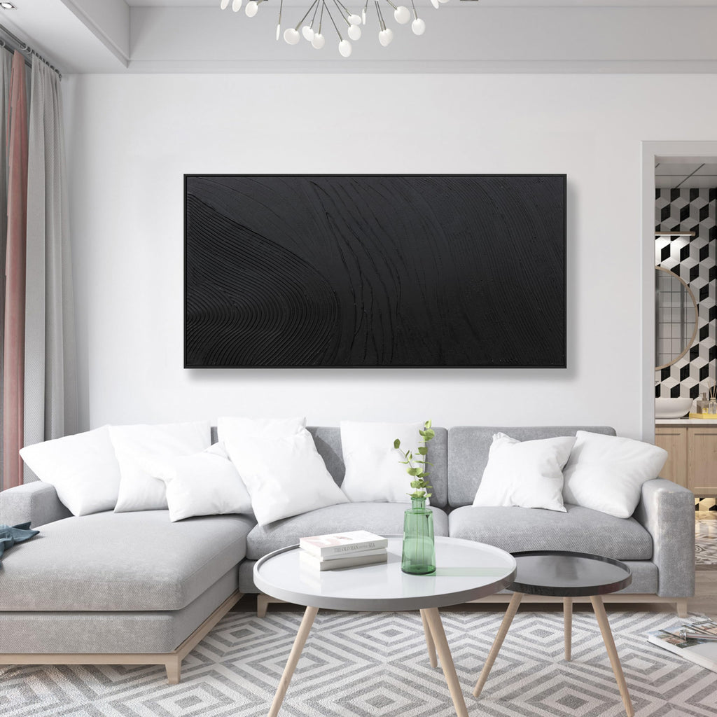 Framed Black Hand Painted Abstract Wall Art 24"X 48"