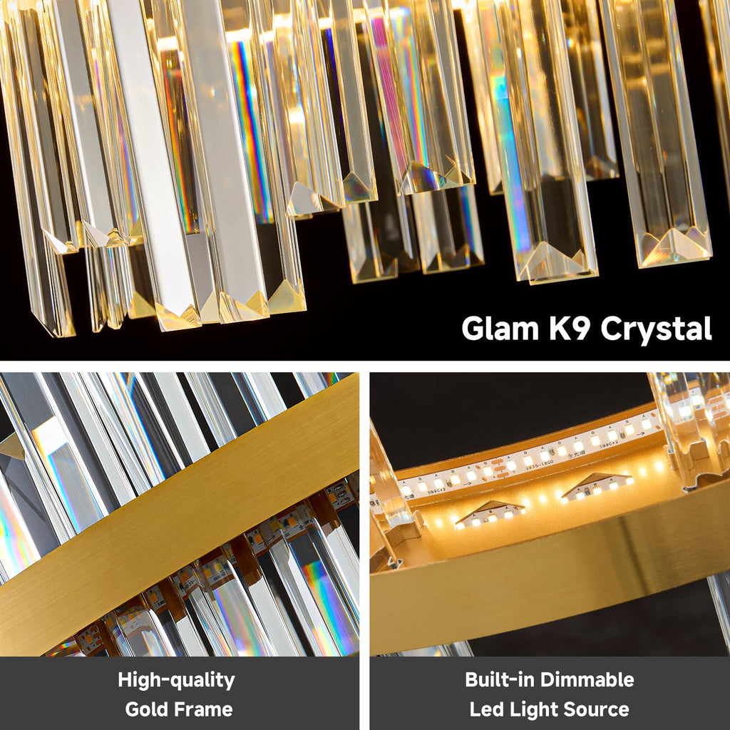 Gold Led Modern Crystal Chandelier, Round Large Dining Room Light Fixture