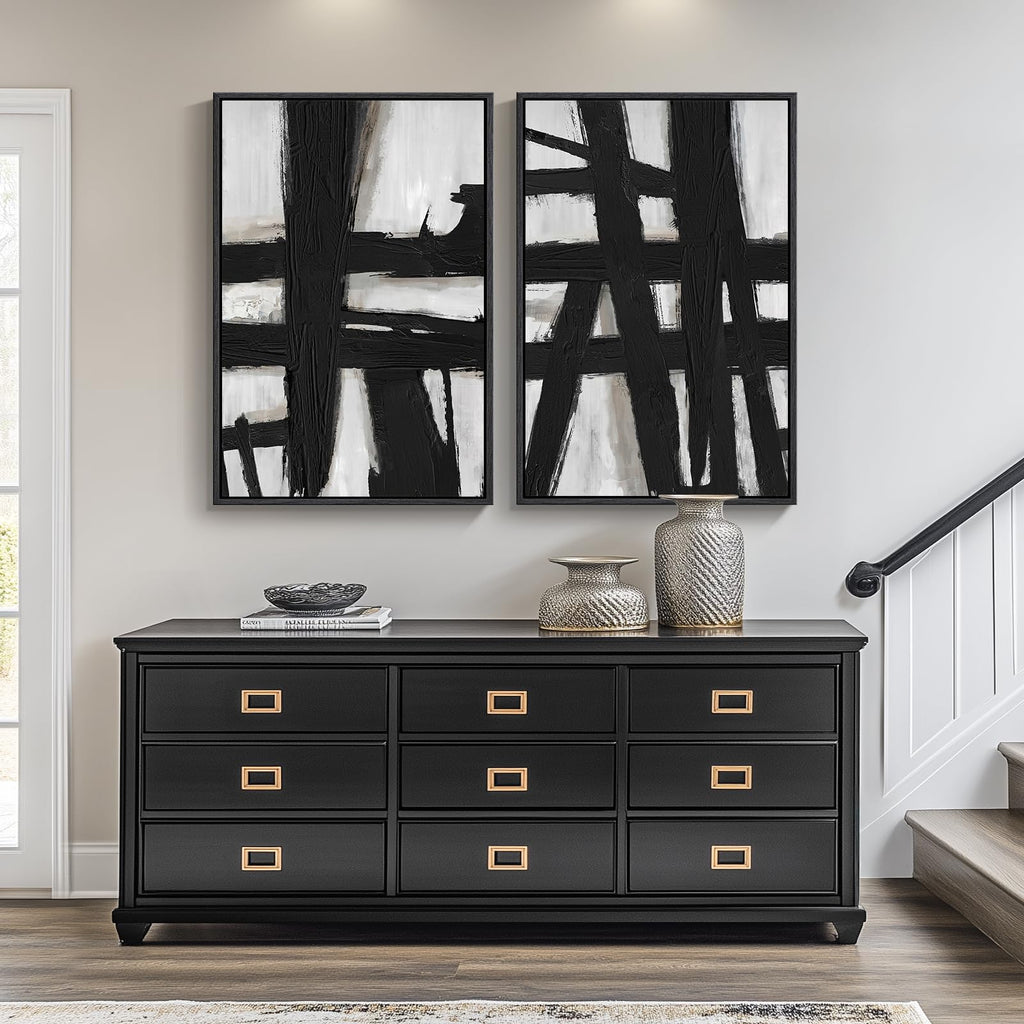Large Framed Black White Abstract Wall Art Set of 2, 24x36