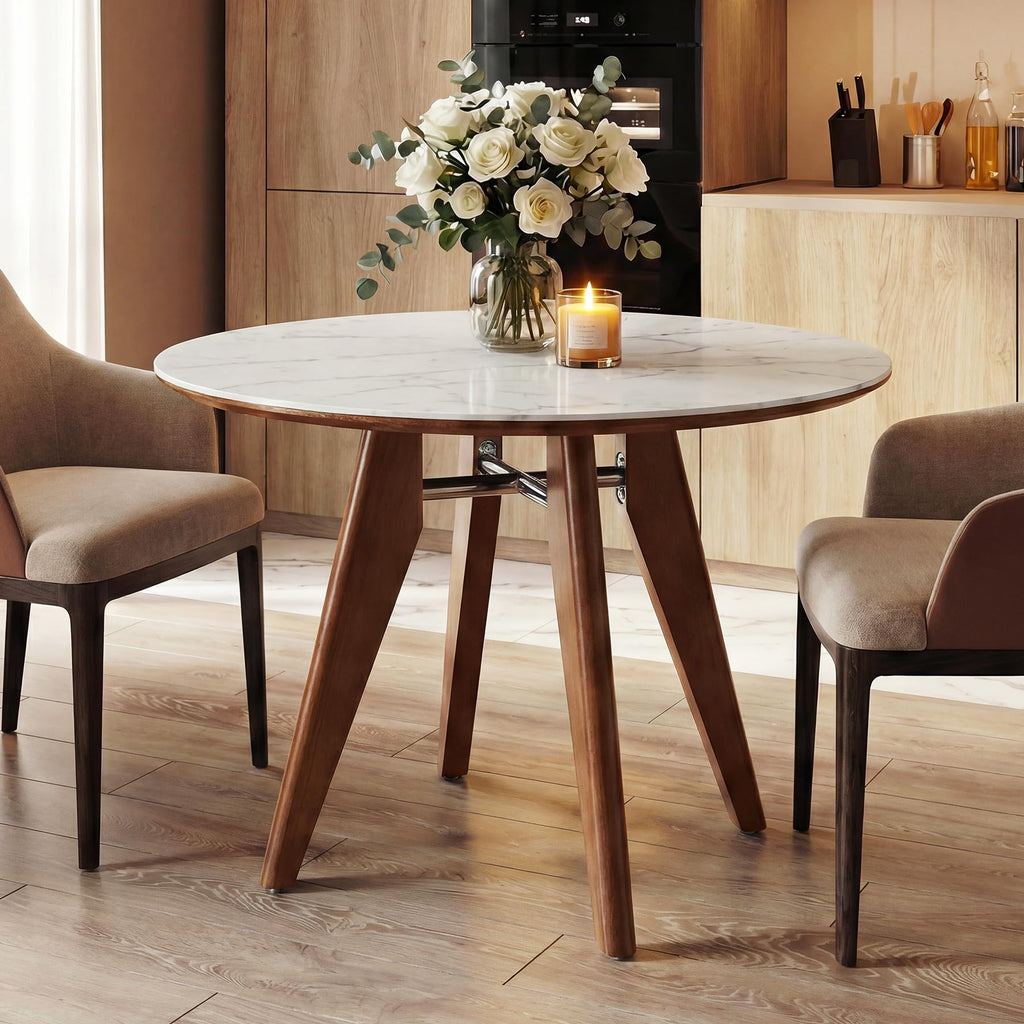 31.5" Round Dining Table, Modern Sintered Stone Kitchen Table with Solid Wood Legs, Small Space, Glossy White & Brown