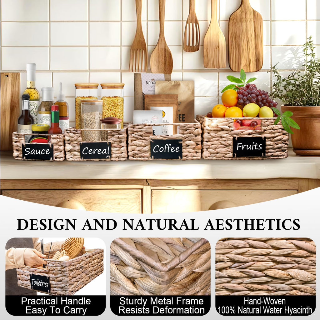 Set of 4 Sizes Hand-Woven Pantry Shelf Baskets, Hyacinth Storage Baskets with Chalkboard Labels & 2 Chalk Markers