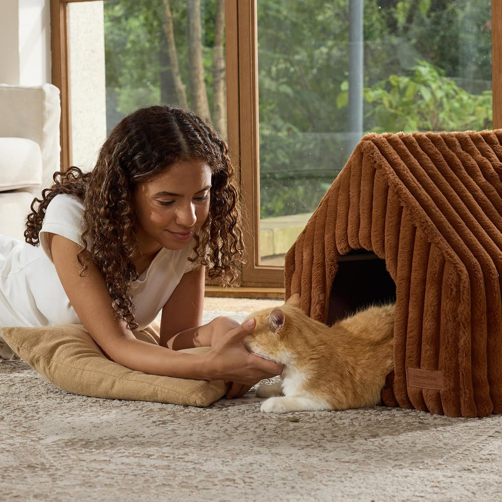 Cat Bed Cave, Enclosed Washable Covered Dog Bed with Support Frame