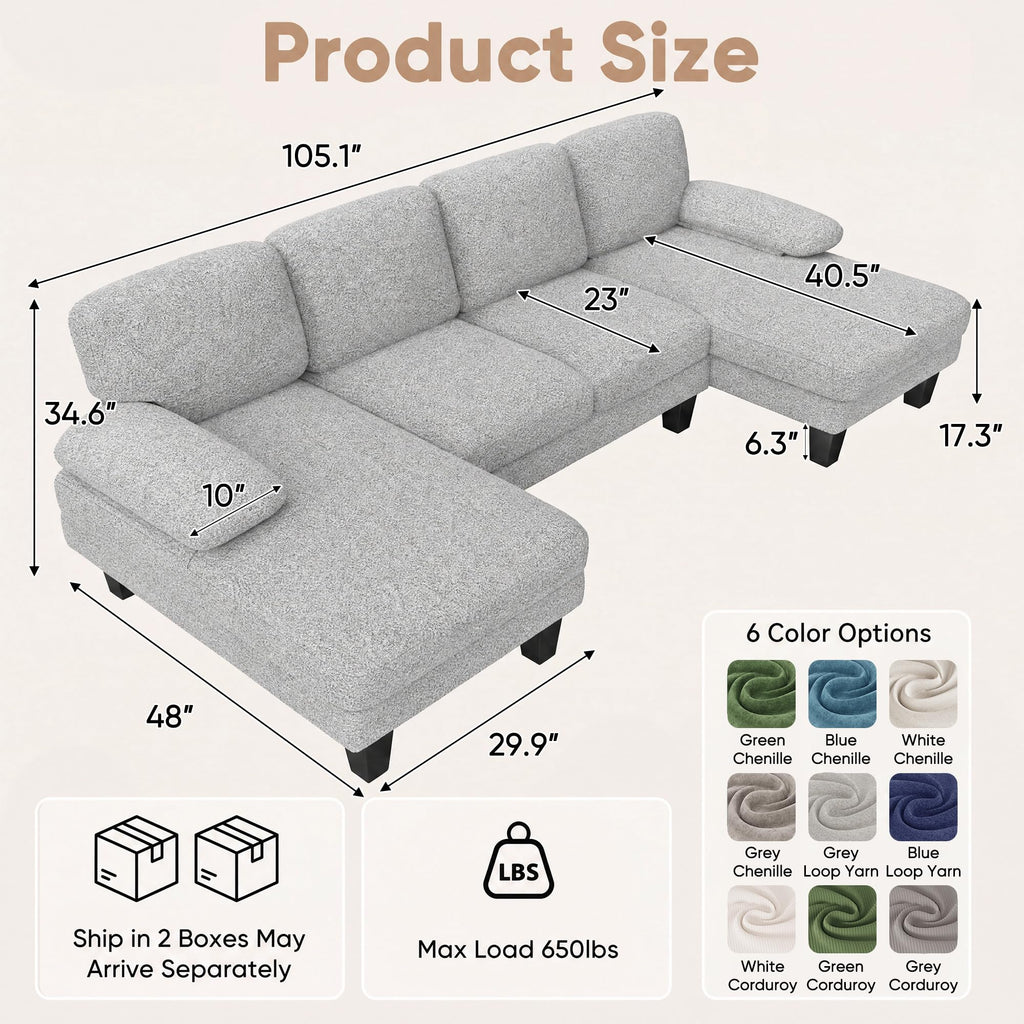105" U-Shaped Sectional Couches, Sofa Couch with Double Chaise, Grey