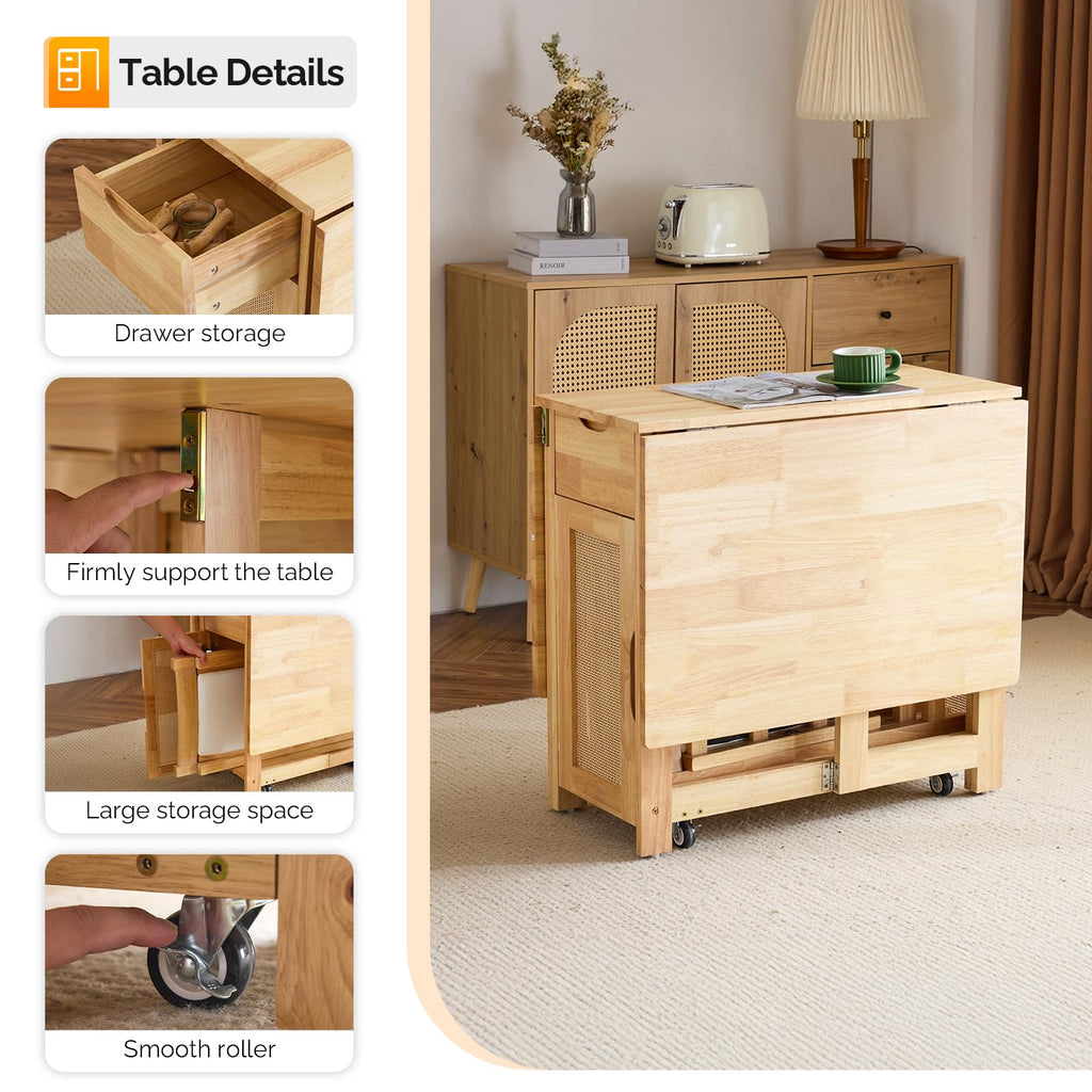 5-Piece Folding Dining Table Set, Extendable Drop Leaf Solid Wood Table with 4 Chairs, Drawers & Wheels, Space-Saving