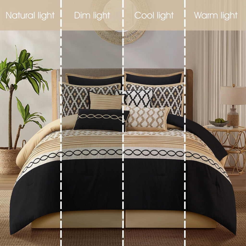 Black Gold Comforter Set, 10 Piece, Jacquard Bedding Comforters & Sets, Matching Bedskirt, Pillows & Shams