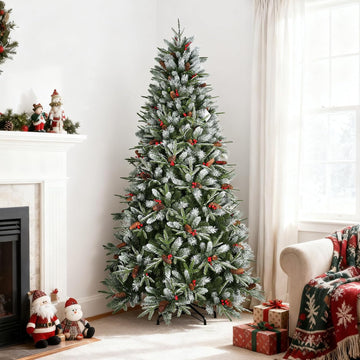 7 Ft Artificial Christmas Tree Pre-Decorated with Snow Flocked PVC&PE Tips, Pine Cones, Red Berries, Unlit Xmas Tree