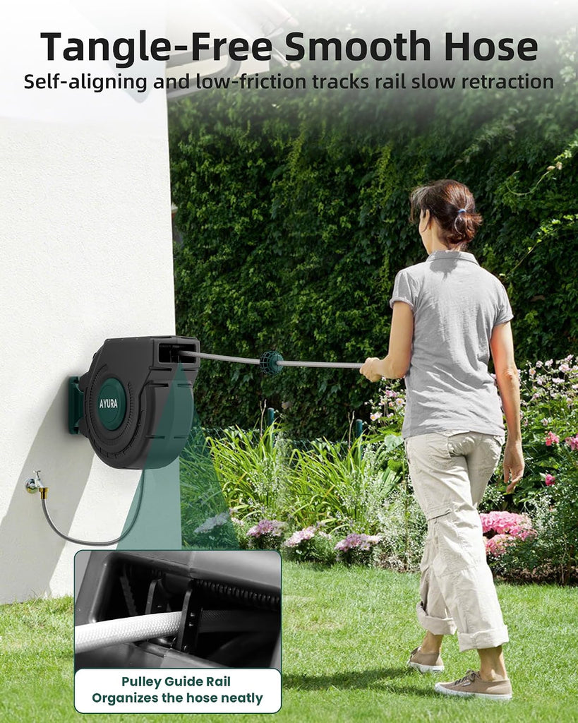 Retractable Garden Hose Reel 1/2 Inch x 100 ft,Automatic Slow Rewind System | Heavy Duty Automatic Garden Hose Reels