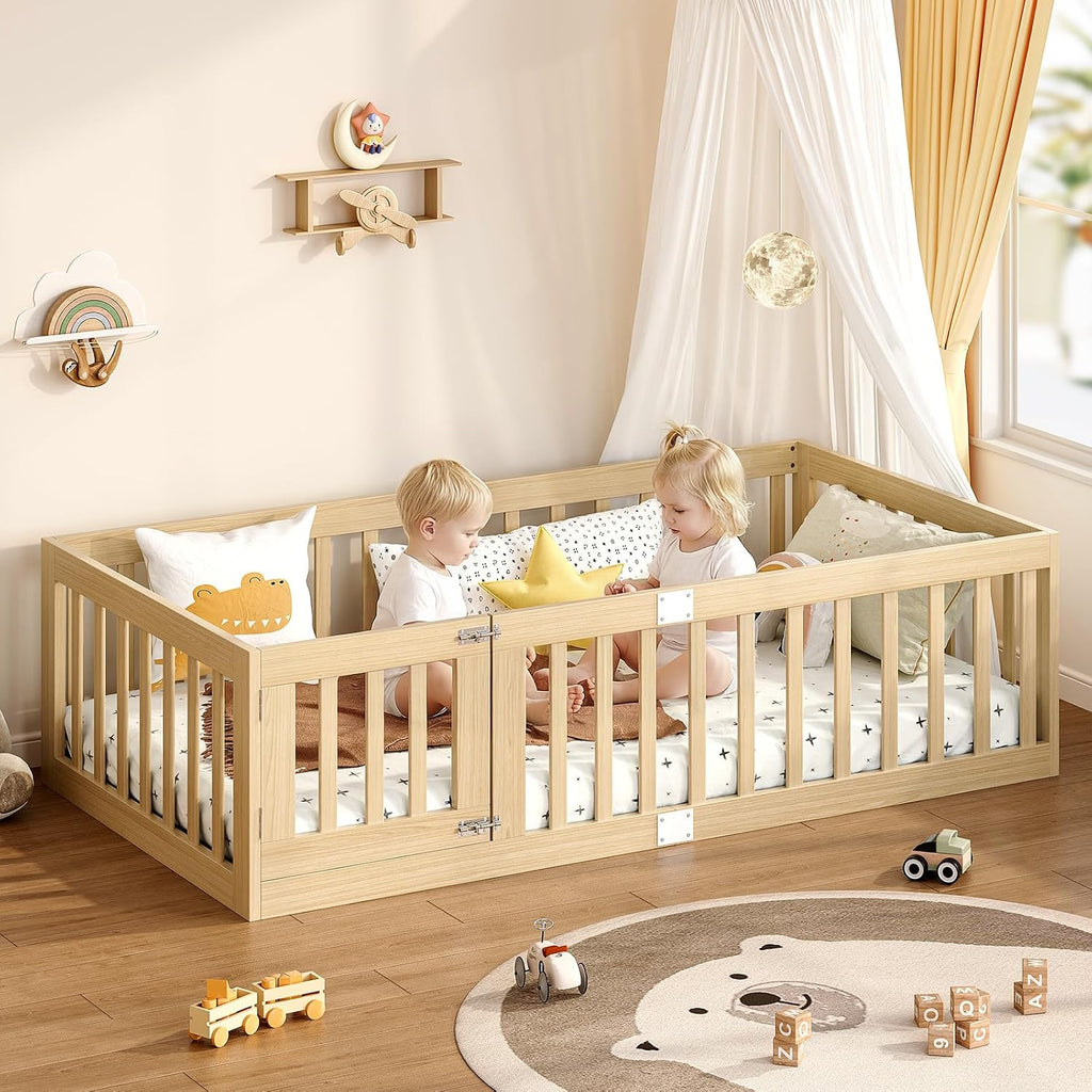 Twin Montessori Floor Bed with High Guardrails and 2 Door Latch, Solid Wood Toddler Bed Frame with 10 Slats and