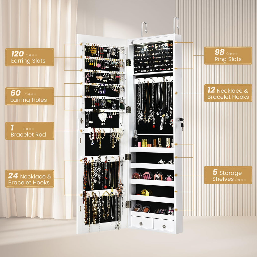 Jewelry Armoire Wall or Door Mounted, Full-Length Mirror with Storage, Lockable Mirror Jewelry Cabinet w/ 2 Drawers