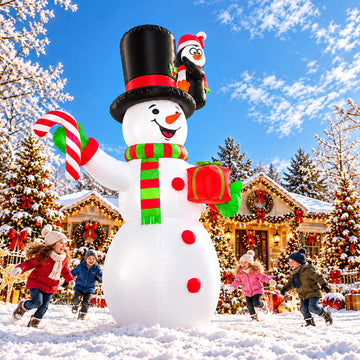 20 FT Christmas Inflatable Snowman with Penguin, Outdoor Blow Up Snowman Holding Candy Cane and Gift, Light Up