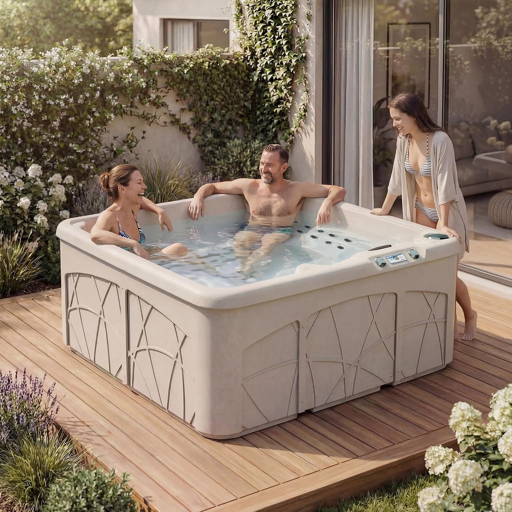 5-Person Plug & Play 28-Jet Hot Tub Spa and Thermal Cover, Sand | 28-Jet Square Outdoor Spa with Thermal Cover